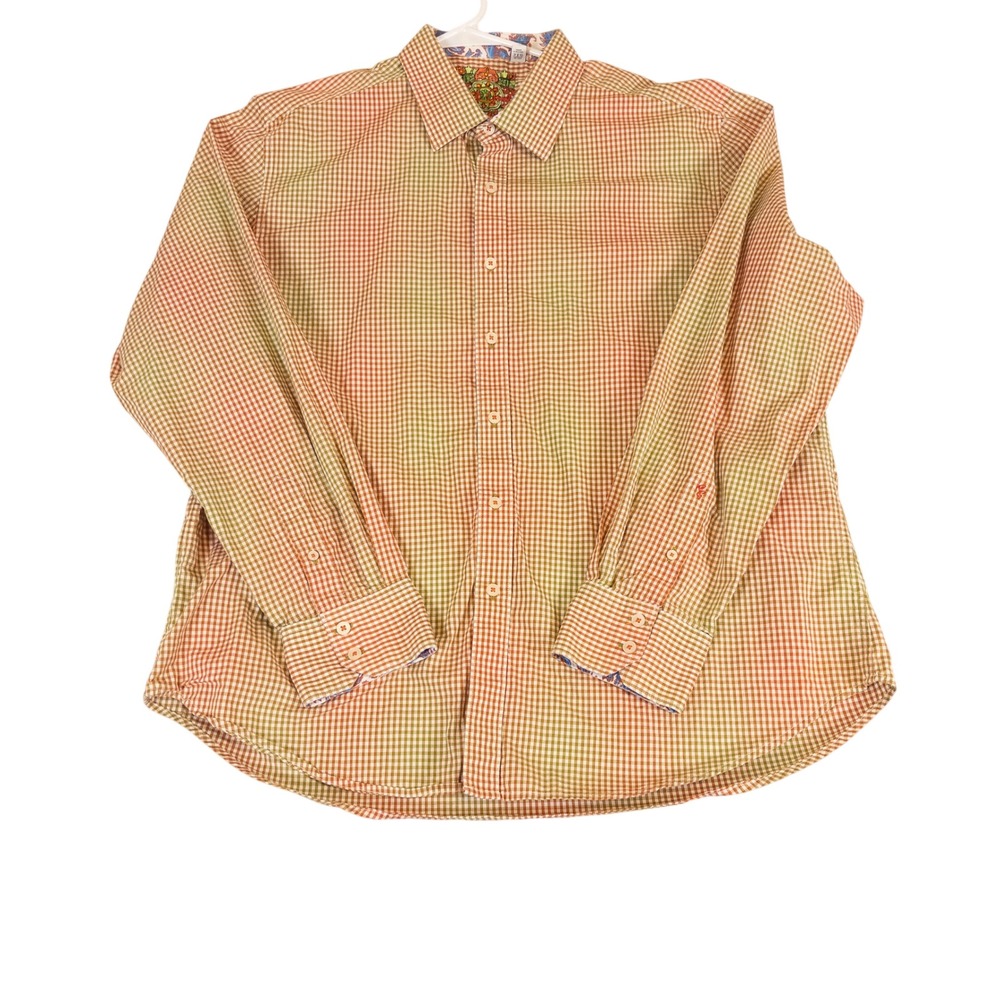 Robert Graham Mens 2XL Classic Fit Orange Green Gingham Check Button Front Shirt